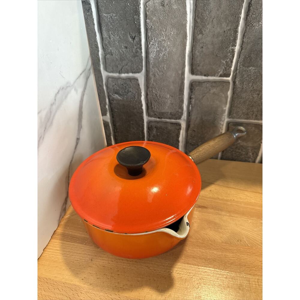 LE CREUSET Burnt Orange Enamel Cast Iron #18 Sauce Pan Wood Handle Lid - France